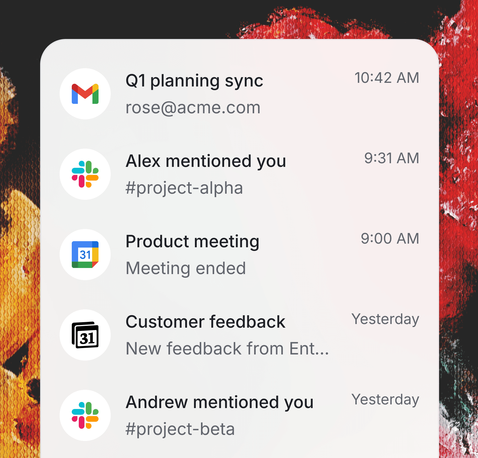 Sidebar showing a list of recent messages with user avatars, names, message previews, and timestamps in a messaging application.
