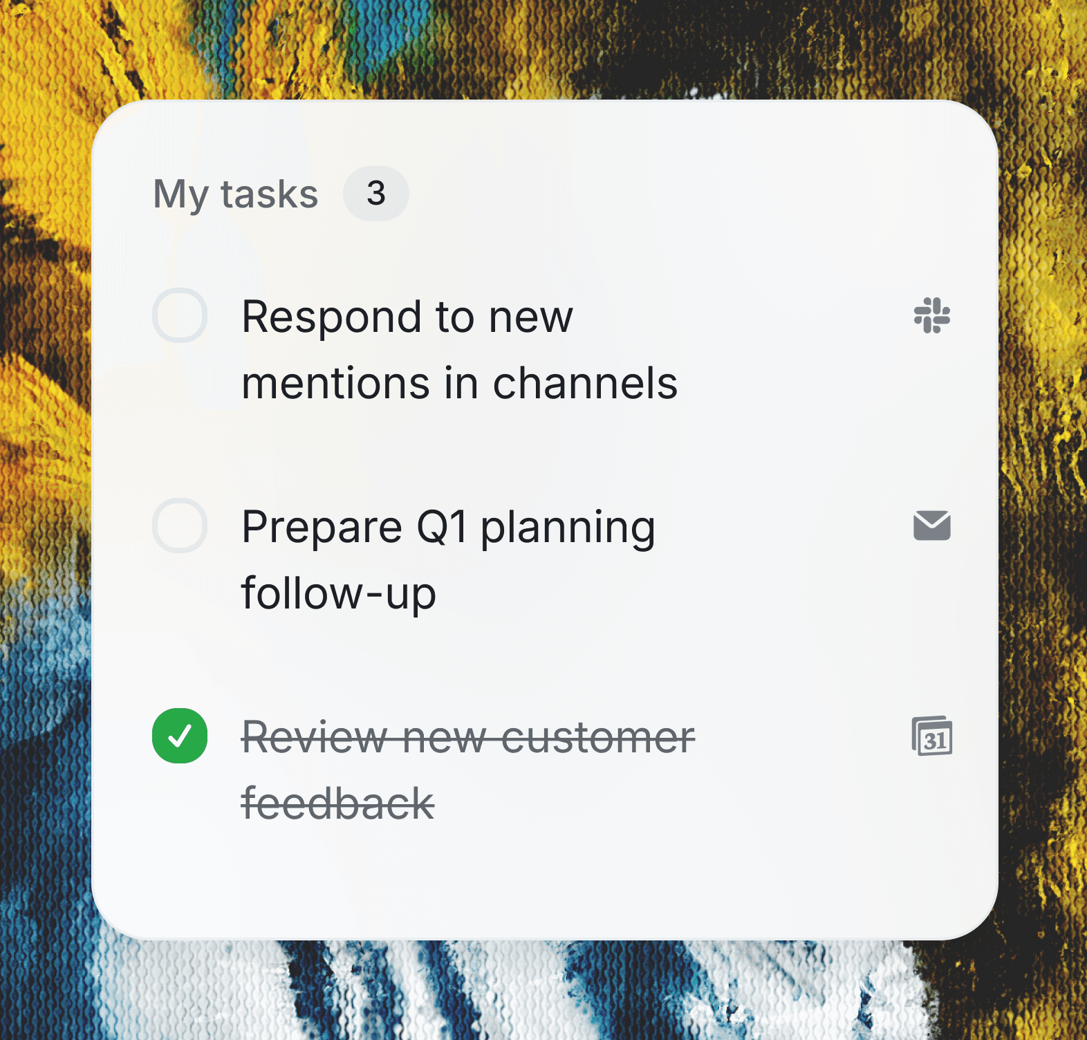 Task panel titled ‘My tasks’ showing a checklist of items such as responding to mentions, preparing follow-ups, and reviewing customer feedback, with completion indicators.