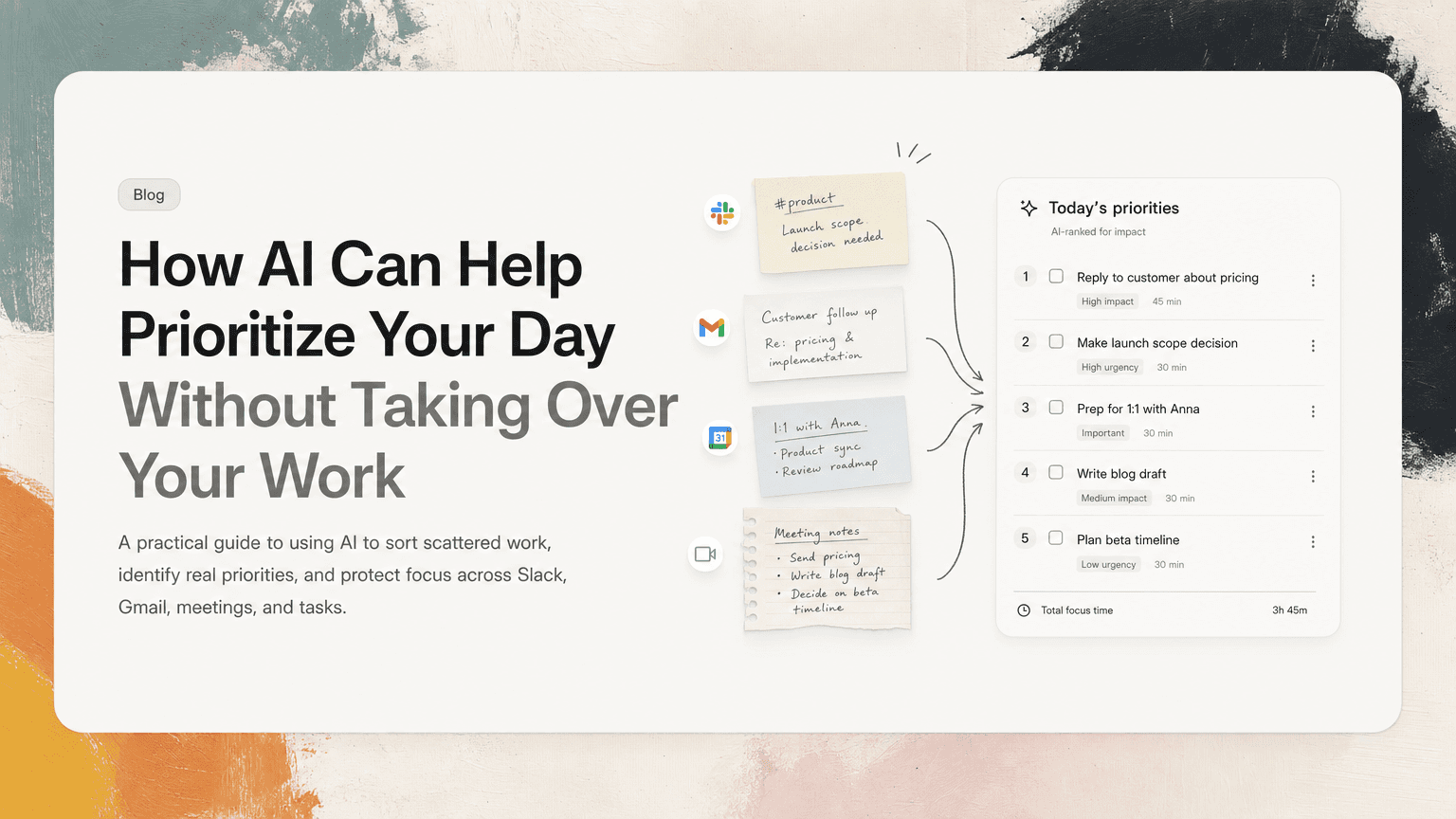 A desk with scattered messages and meeting notes being organized into a clear daily priority list