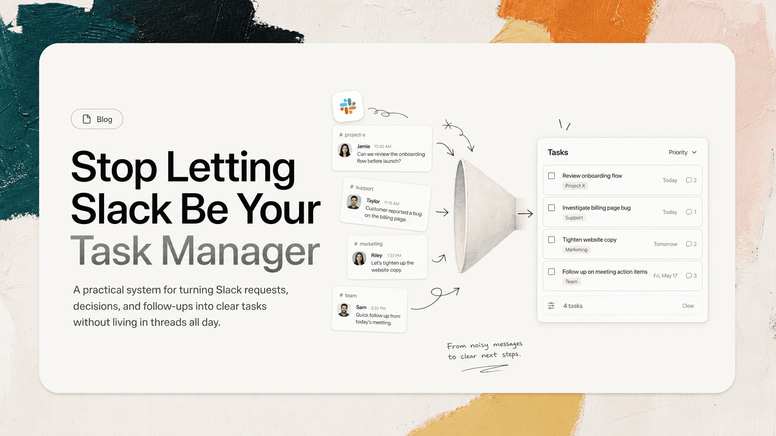 A messy stream of Slack messages being sorted into a short list of clear tasks