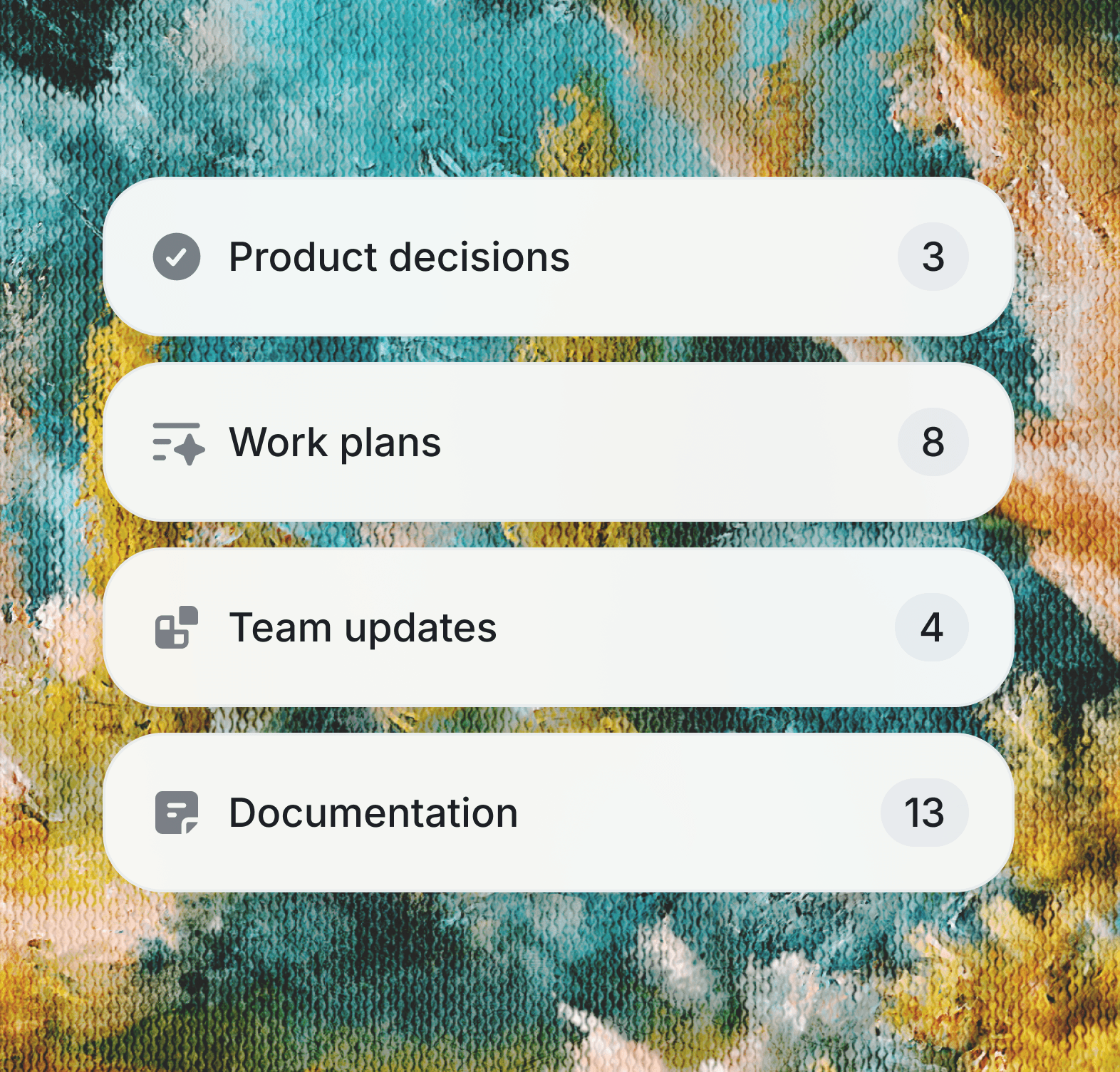 Menu with categorized sections including product decisions, work plans, team updates, and documentation, each displaying a count of items.