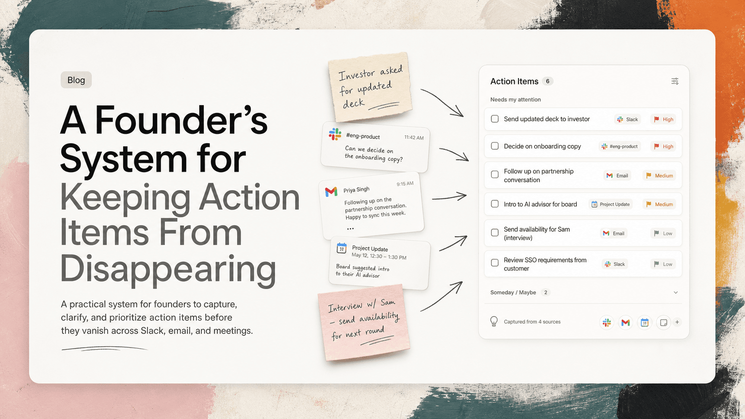 Scattered messages and meeting notes flowing into one clear list of prioritized action items