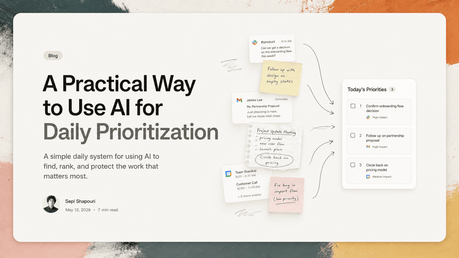 A desk with scattered messages, emails, and calendar blocks being sorted into a clear priority stack