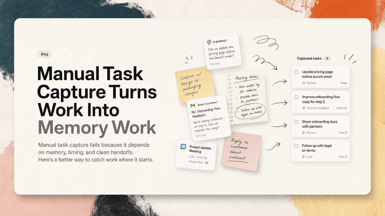 A desk with scattered messages, emails, meeting notes, and tasks being pulled into one clear list
