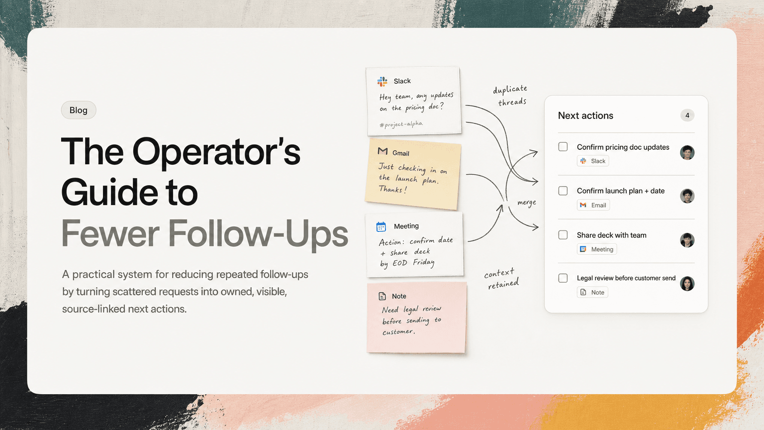 An operator sorting scattered Slack messages, emails, and meeting notes into a small set of clear next actions