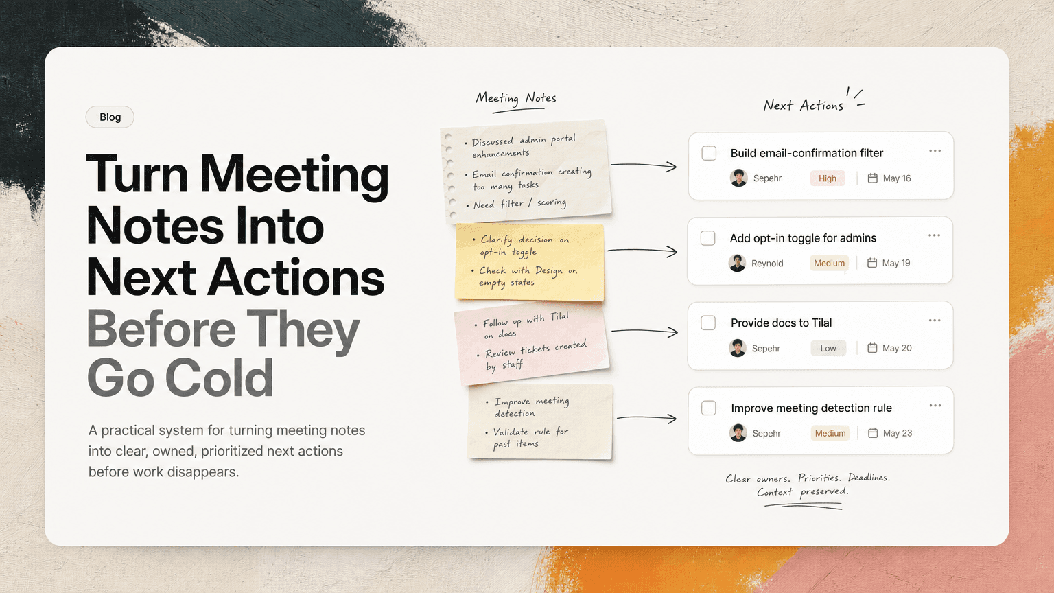 A notebook page transforming into organized task cards with owners, due dates, and context links
