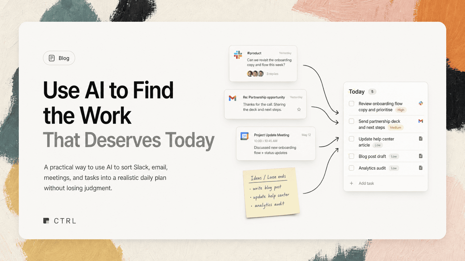 A desk with scattered messages, emails, and meeting notes being organized into a short prioritized list for the day