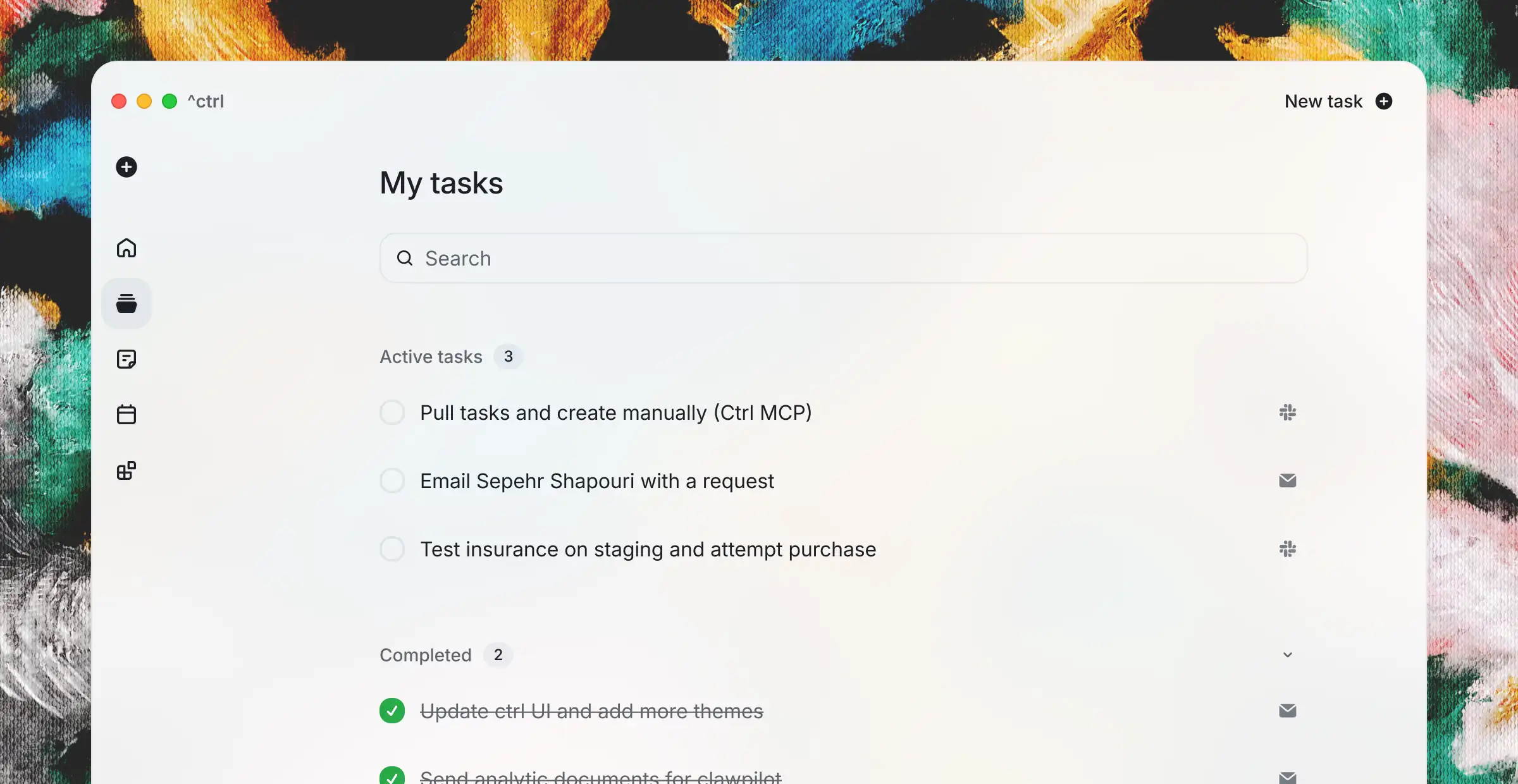 Ctrl desktop task preview showing automatically extracted tasks and work context.