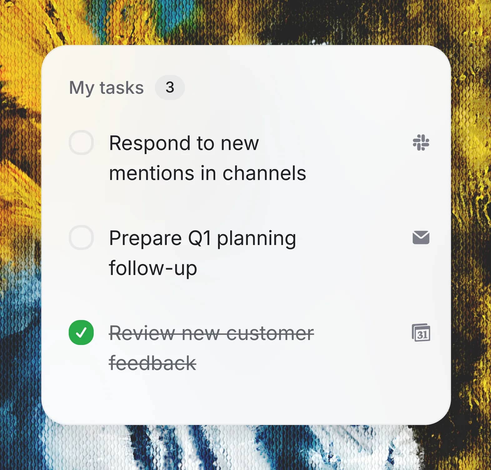 Task panel titled ‘My tasks’ showing a checklist of items such as responding to mentions, preparing follow-ups, and reviewing customer feedback, with completion indicators.